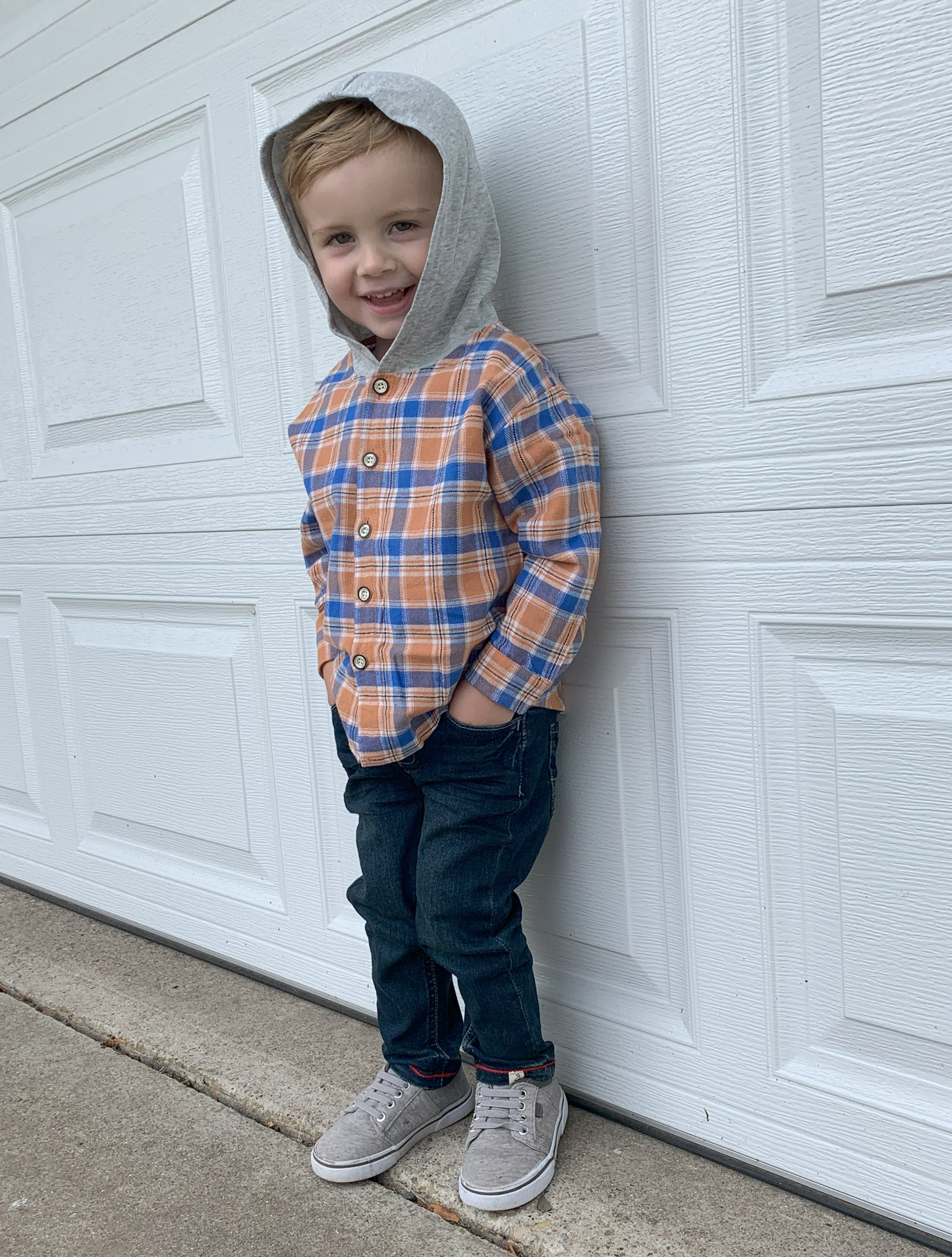 Orange and Blue Plaid Hooded Shacket