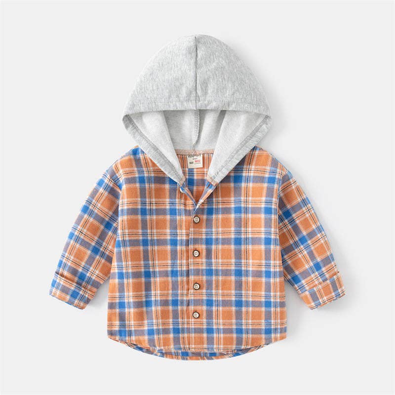 Orange and Blue Plaid Hooded Shacket